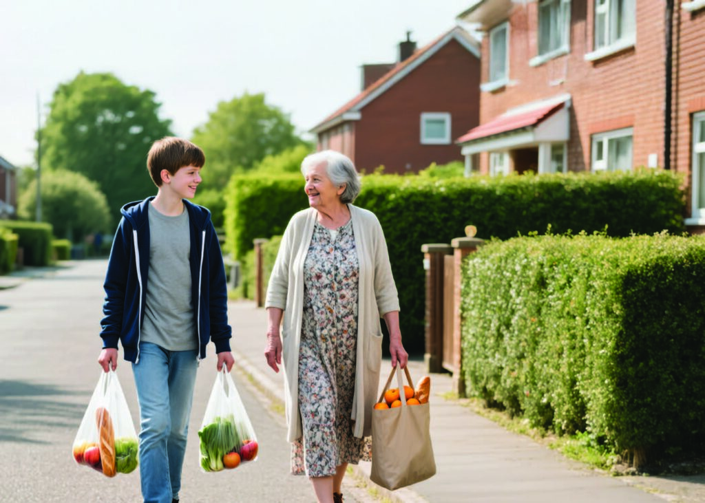 Young boy carrying groceries for older female neighbor